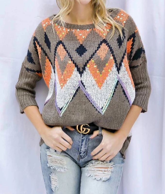 Aztec Sequin Sweater In Brown And Orange