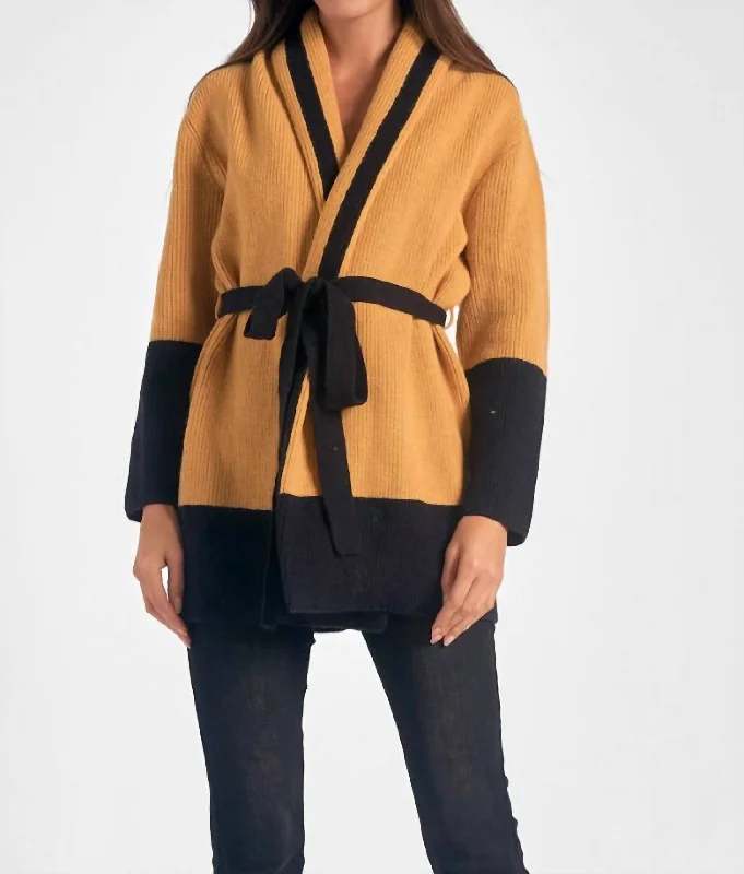 Belted Color Block Cardigan In Curry/black