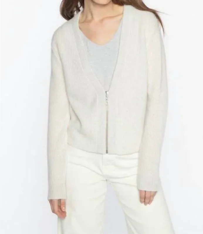 Cashmere Crop Lurex Trim Zip Cardigan In Whisper