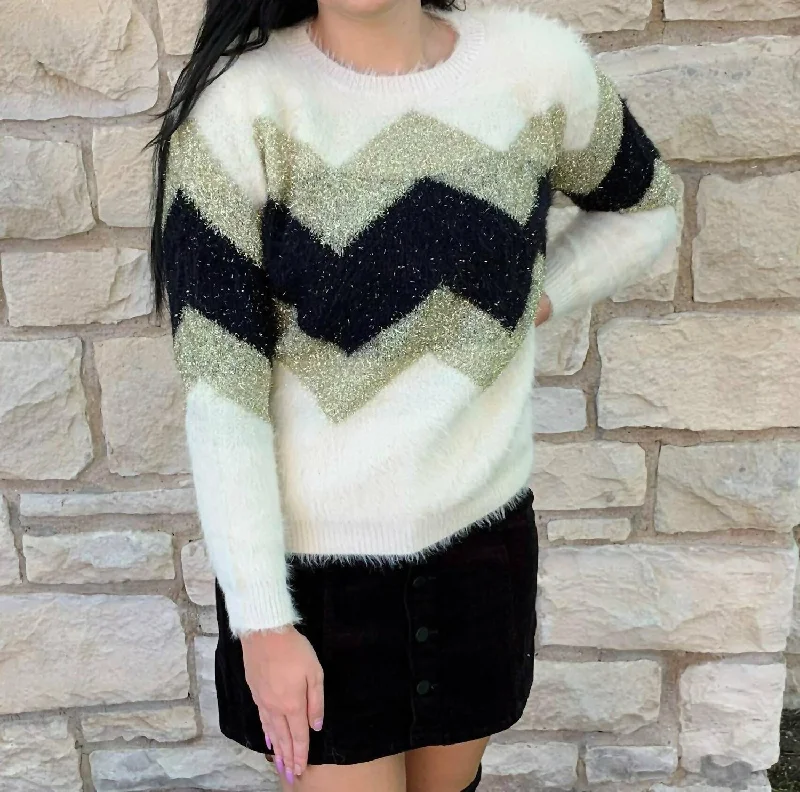 Chevron Metallic Fuzzy Sweater In Cream