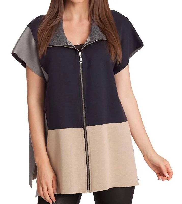 Color Block Zip Poncho In Navy Multi