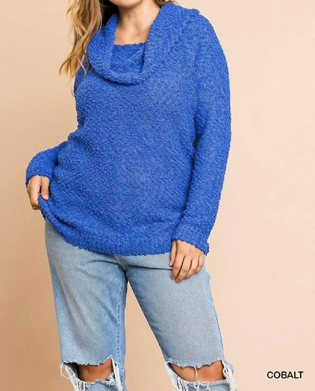 Cowl Neck Plus Nubby Sweater In Cobalt Blue