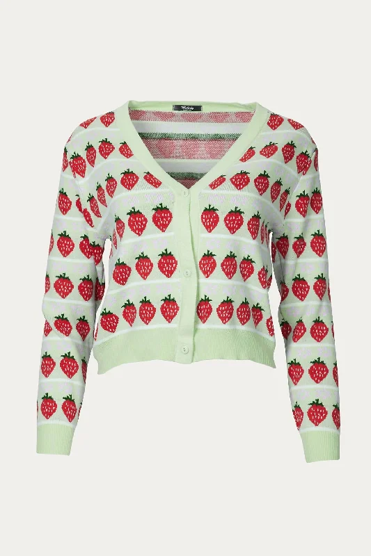 Cropped Retro Strawberry Cardigan In Green