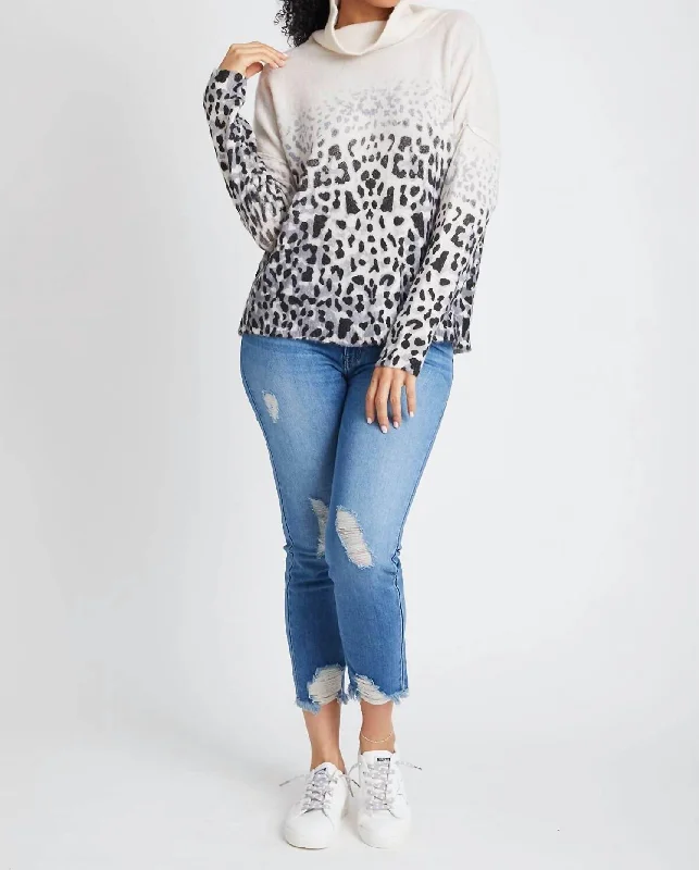 Faded Leopard Cowl Neck Sweater In Ivory/charcoal