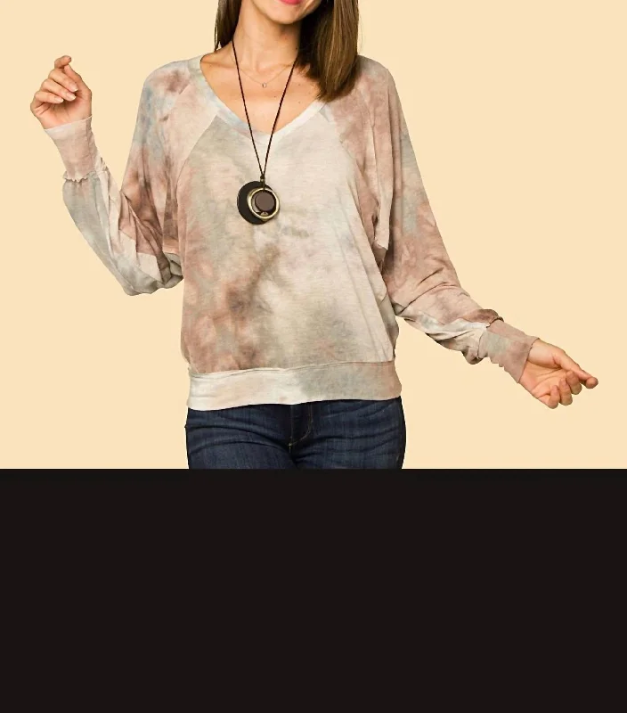 Fawn Tie Dye V Neck Sweater In Mauve/grey