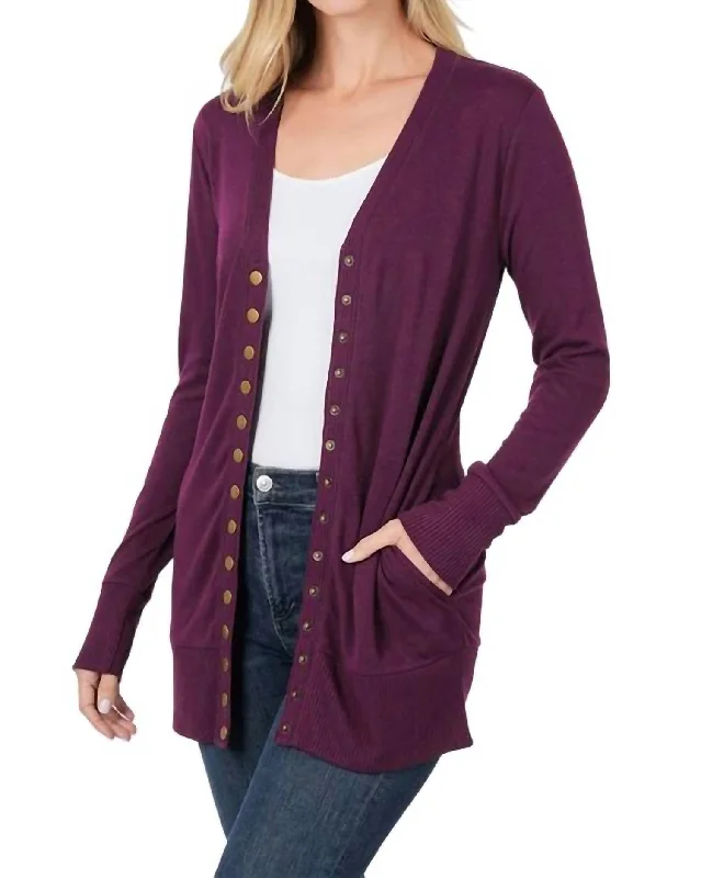 Flora Snap Button Cardigan In Dark Plum