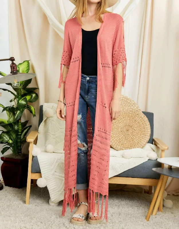 Fringe Kimono/cardigan In Blush