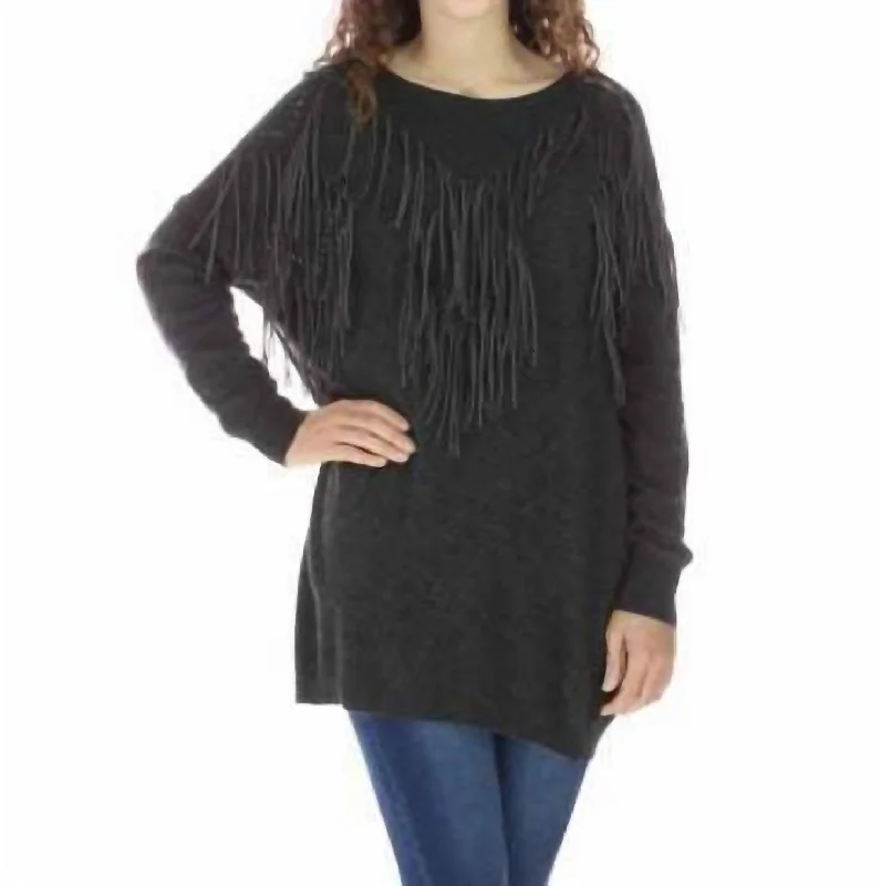 Fringe Tunic Sweater In Charcoal