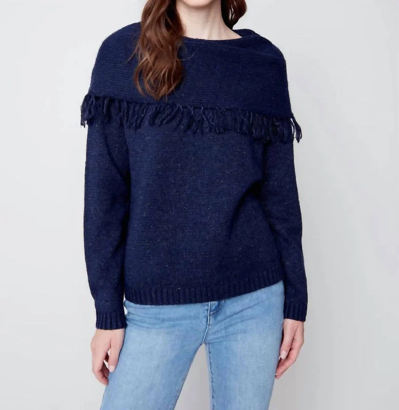 Fringed Cowl Neck Sweater In Denim