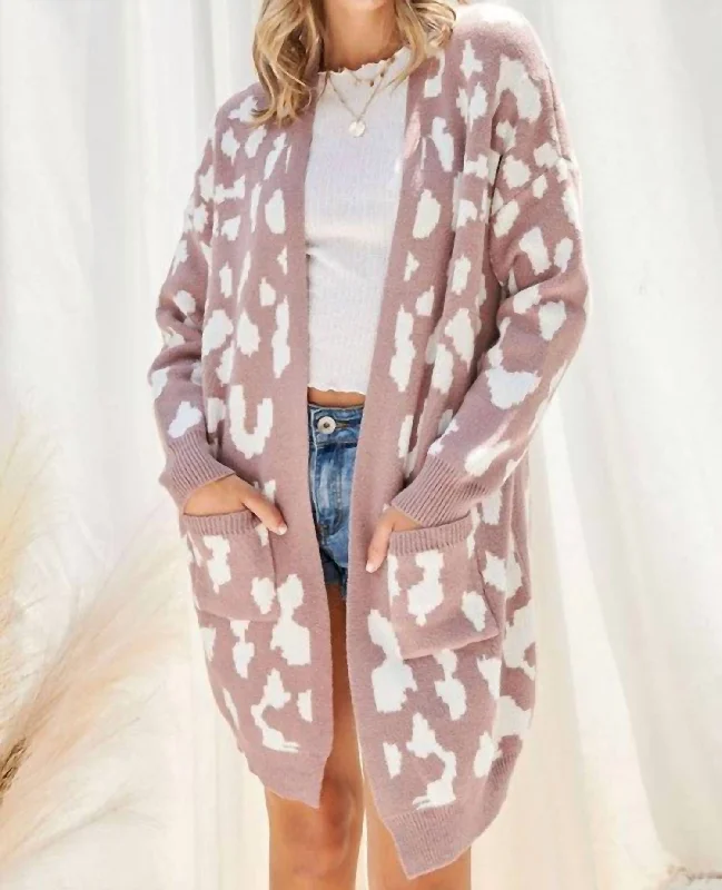 Leopard Print Sweater Cardigan In Dusty Lilac