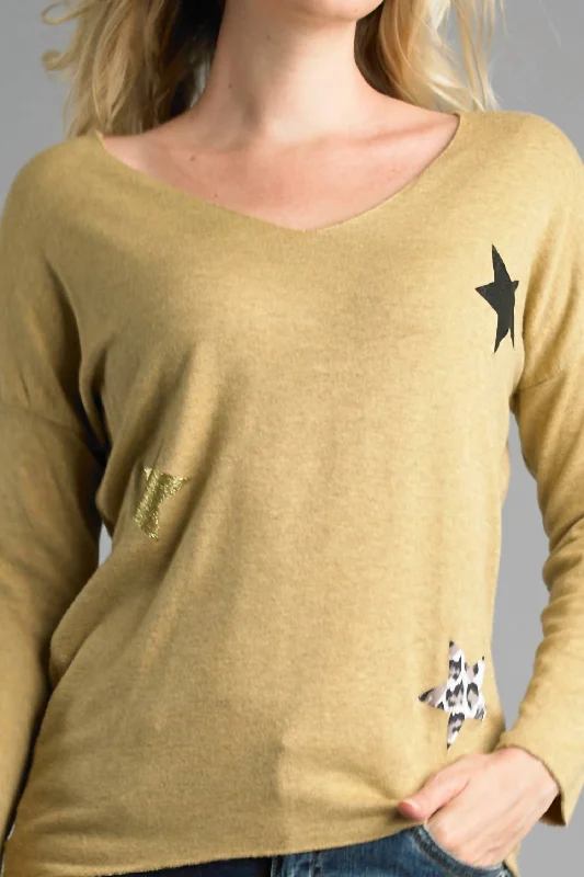 Lightweight V Neckline Sweater With Stars In Mustard