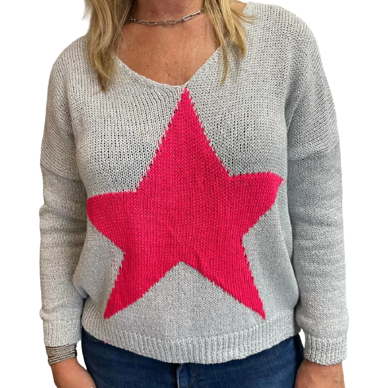 Lurex With Star Sweater In Silver/hot Pink