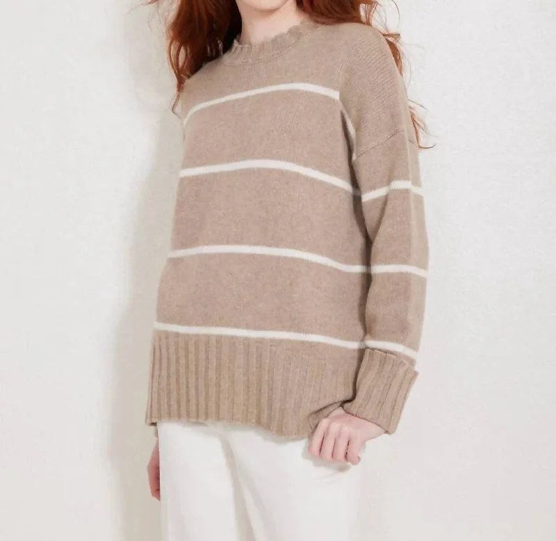 Mila Cashmere Crewneck Sweater In Latte & Light Grey Stripe