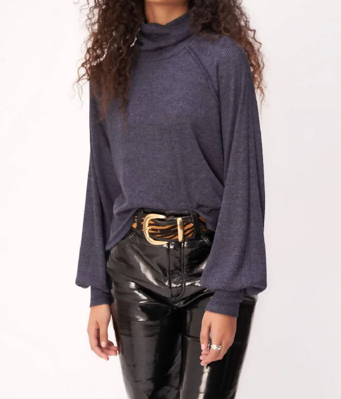 More Love Marled Rib Turtleneck Top In Galaxy Blue