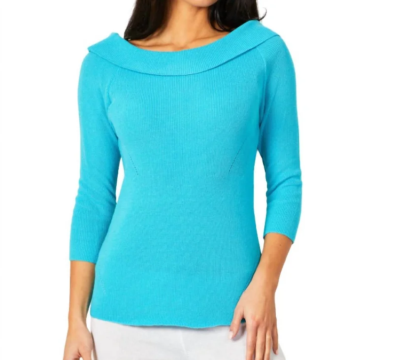 Off The Shoulder Ribbed Detail Top In Turquoise