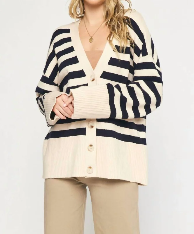 Oversized Striped Cardigan In Natural / Navy