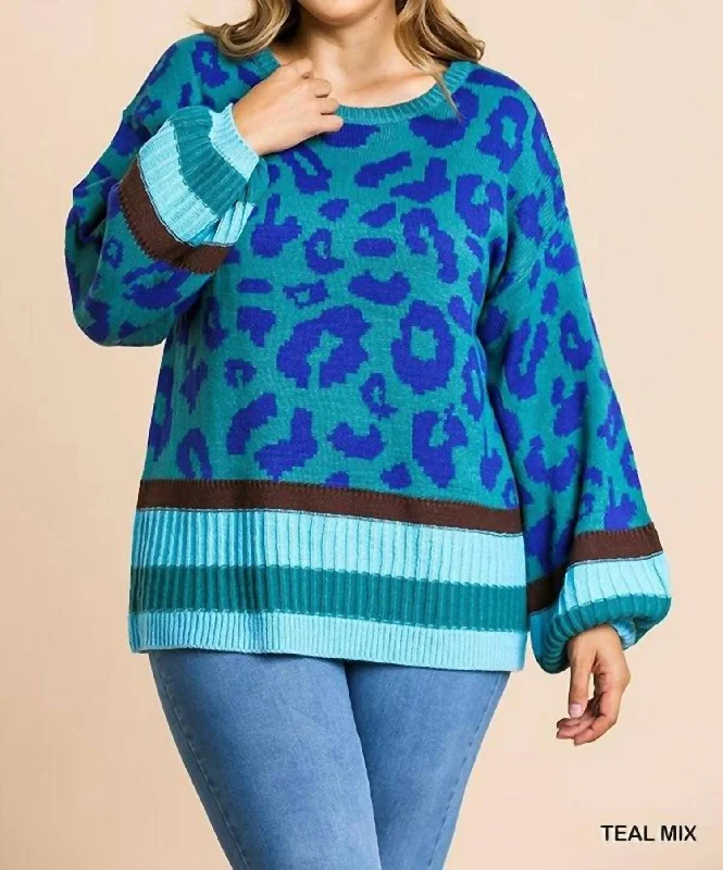 Plus Animal Print Tunic Sweater In Teal Mix