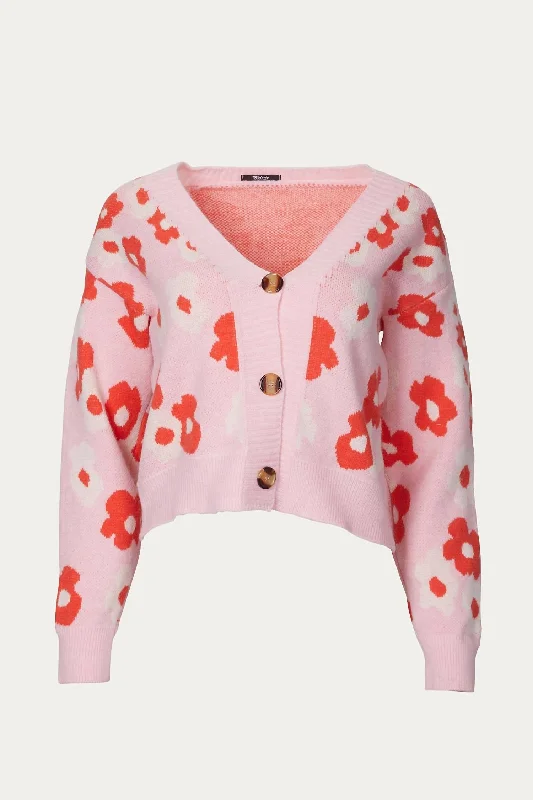 Retro Knit Floral Cardigan In Pink