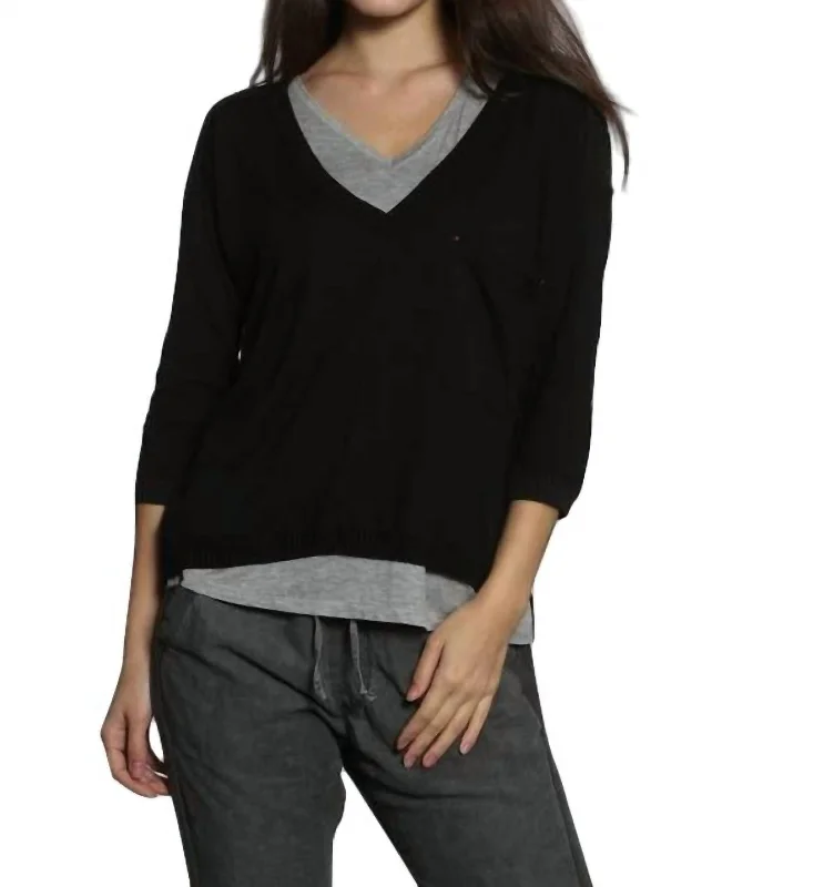 Rib Back V Neck Pullover In Black/charcoal