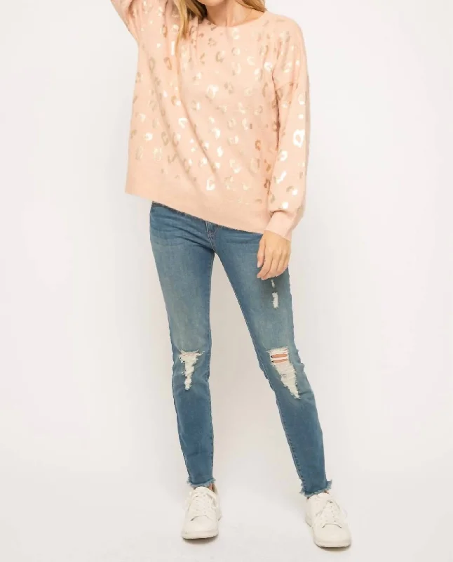 Shiny Gold Leopard Sweater In Blush