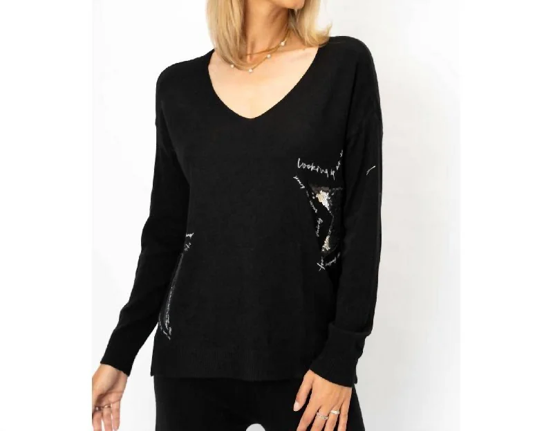 Sweater With Silver Sequin Stars In Black