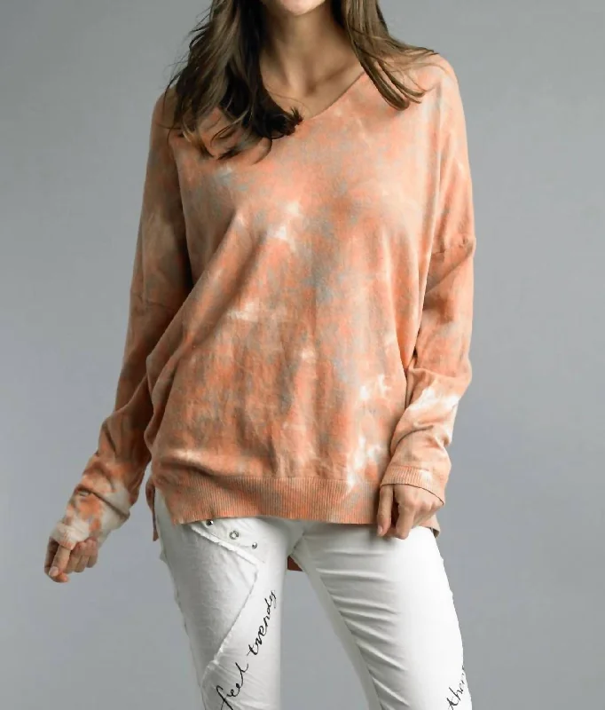 Tie Dye V Neck Tunic Sweater In Pumpkin