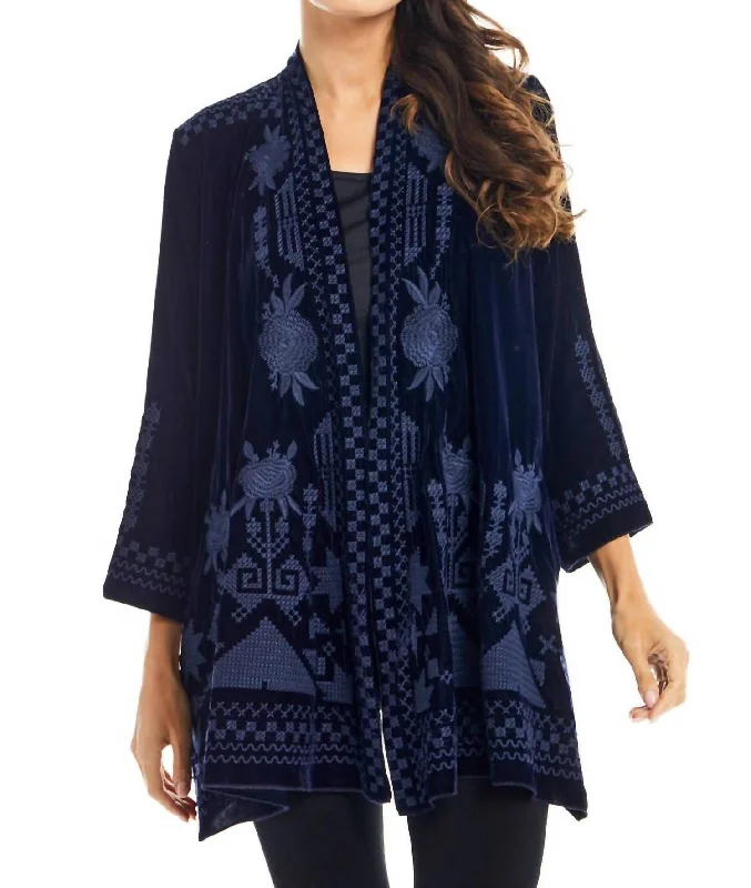 Velvet Embroidered Cardigan In Blue