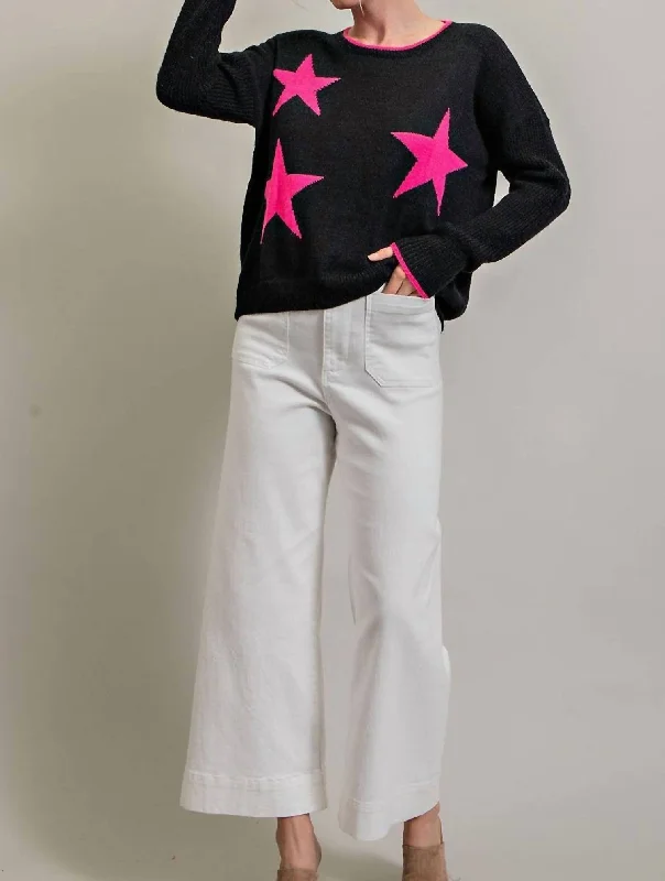 Women's Sweater With Hot Pink Stars In Black