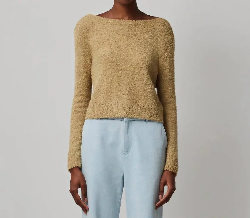 Wool Blend Boucle Long Sleeve Low Back Sweater In Soft Fawn