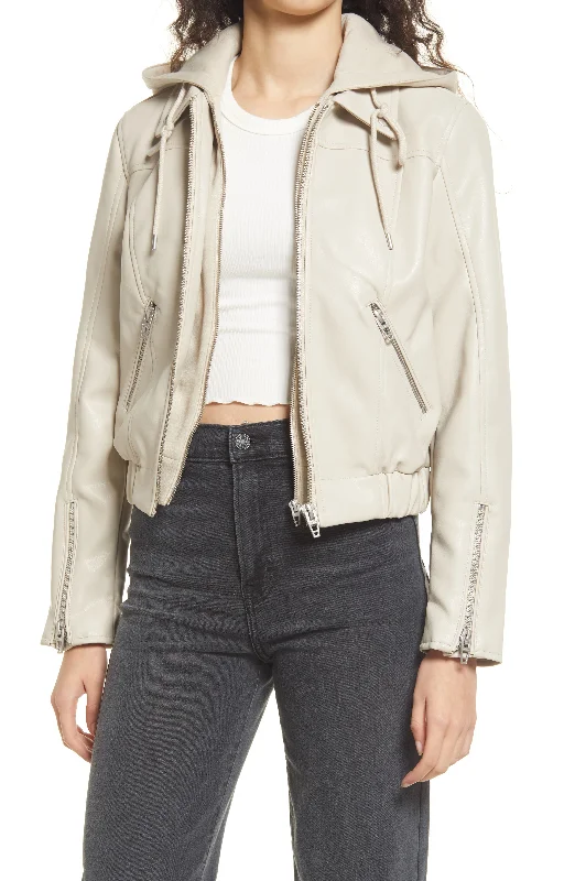 BLANKNYC Faux Leather Bomber Jacket with Removable Hood