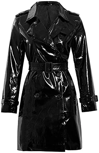 Genuine Leather Womens Fashion Outdoor Wet Look Clothing Trench Coat Raincoat Black Pu Leather Wear PVC