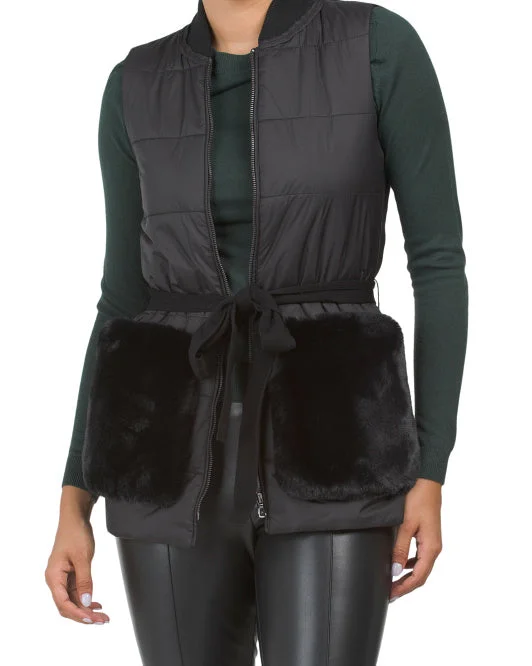 KOBI HALPERIN Wool Blend Oli Knit Combo Vest With Faux Fur Pockets