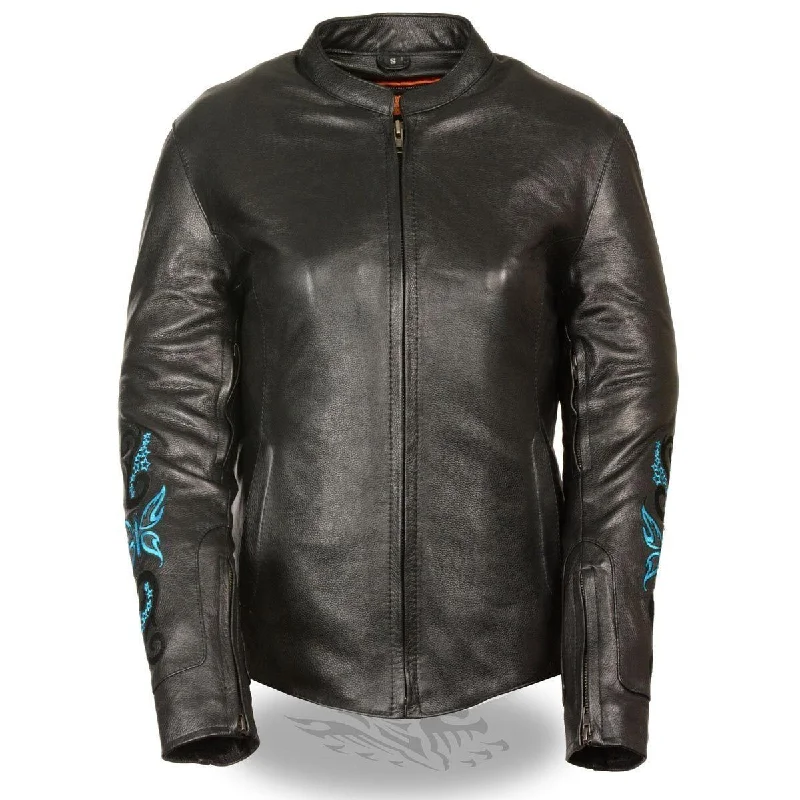 Milwaukee Leather ML2071 Women's Black Leather Jacket with Turquoise Butterfly Design