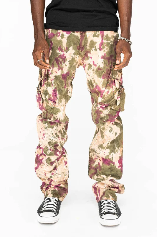 MENS MILITARY STYLE CARGO PANTS IN PAINT BURGUNDY DYE