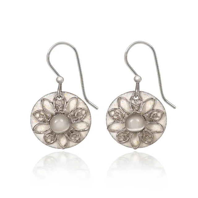 Silver Forest Earrings White Filigree Flower on Round Disc