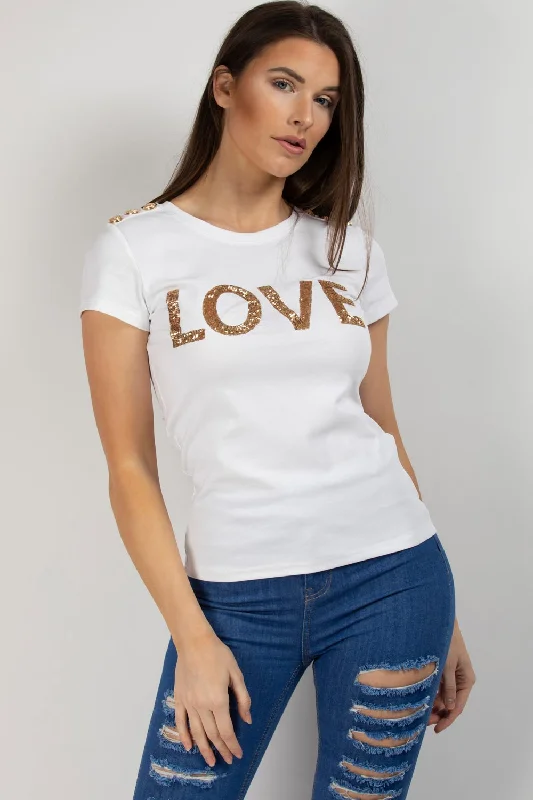 Balmain Inspired Sequin Love Slogan Tee Shirt White