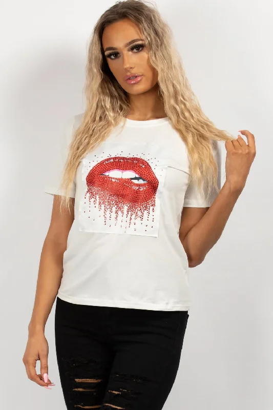 Diamante Lips Tee Shirt White