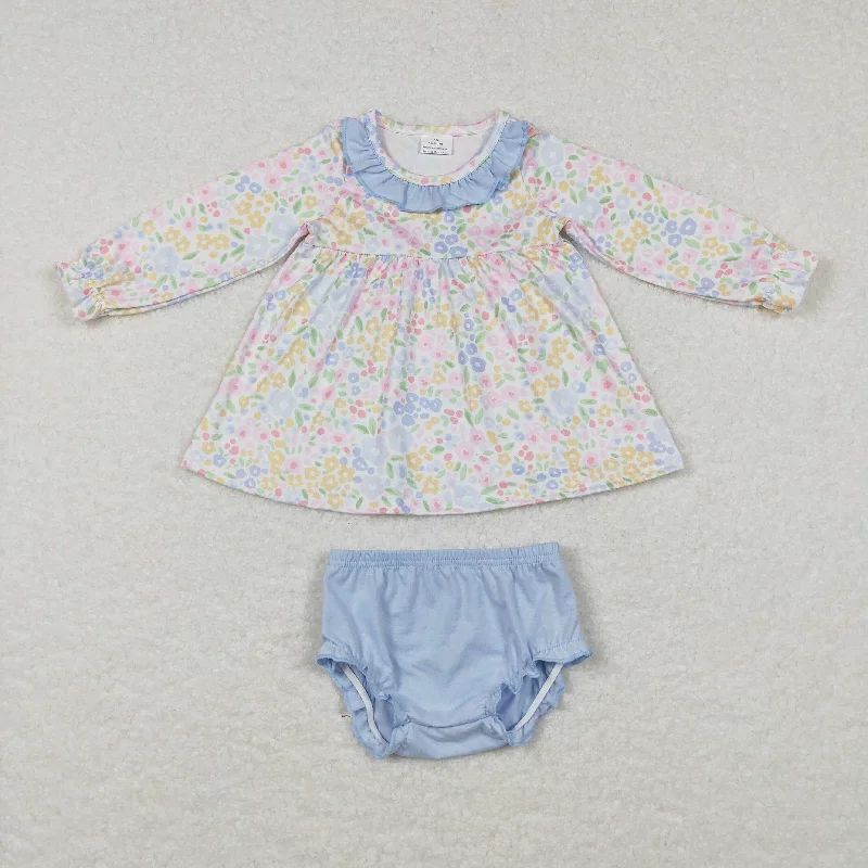 GBO0193 baby girl clothes blue flower bummies set