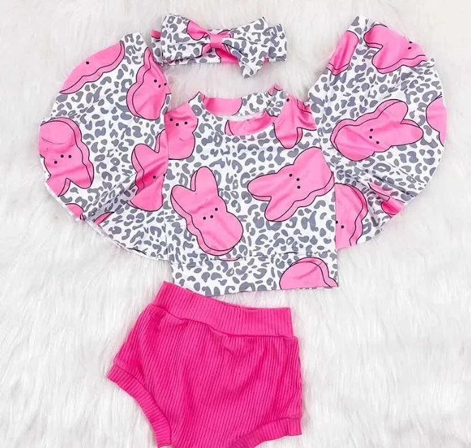 GBO0243 pre-order baby girl clothes girl bunny leopard print summer bummies sets