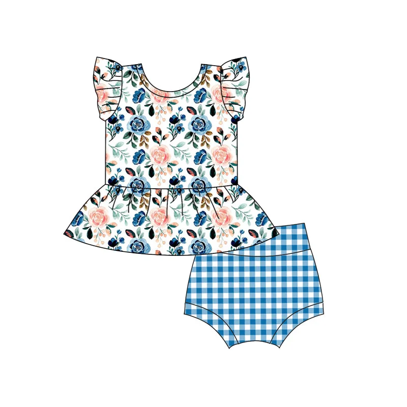 GBO0252 pre-order baby girl clothes blue flower girl summer bummies sets