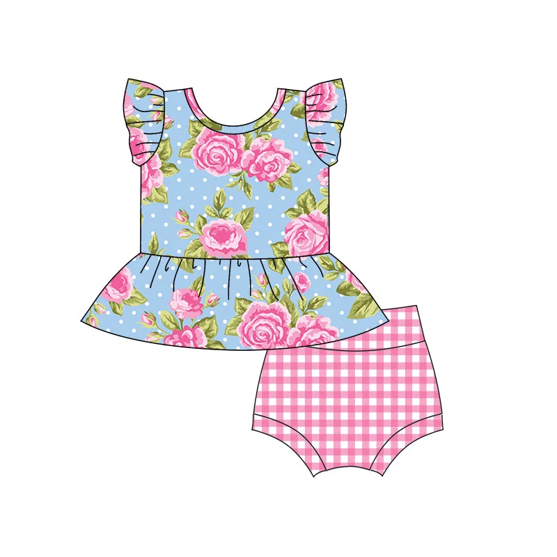 GBO0254 pre-order baby girl clothes pink flowers girl summer bummies sets