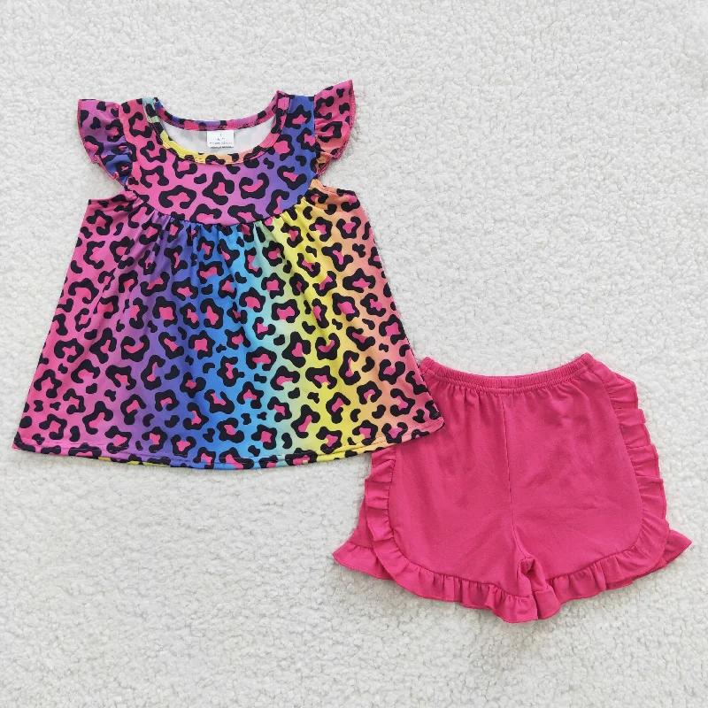 girls colorful leopard tops shorts set GSSO0299