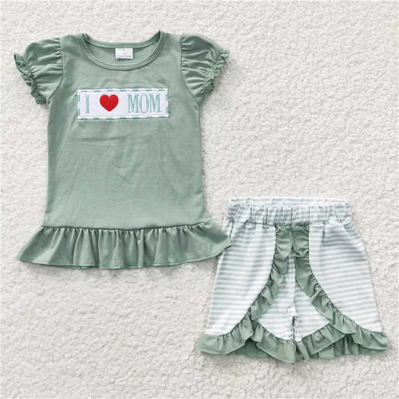 girls I LOVE MOM embroidery tees shorts sets GSSO0189