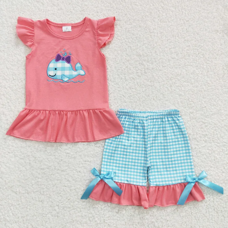 girls whale embroidery tees shorts sets GSSO0150