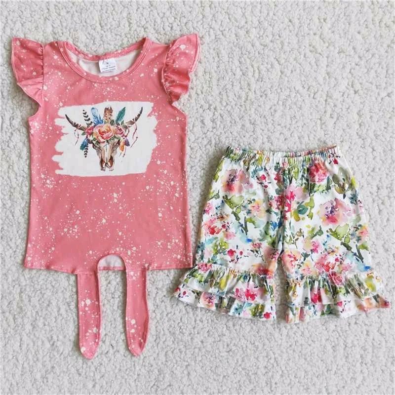 Heifer hem-tie tops floral shorts set B16-1