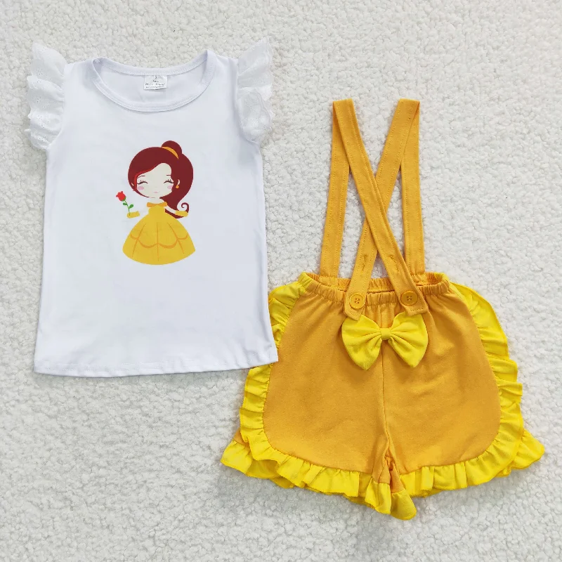 princess tops yellow suspender shorts sets A10-15