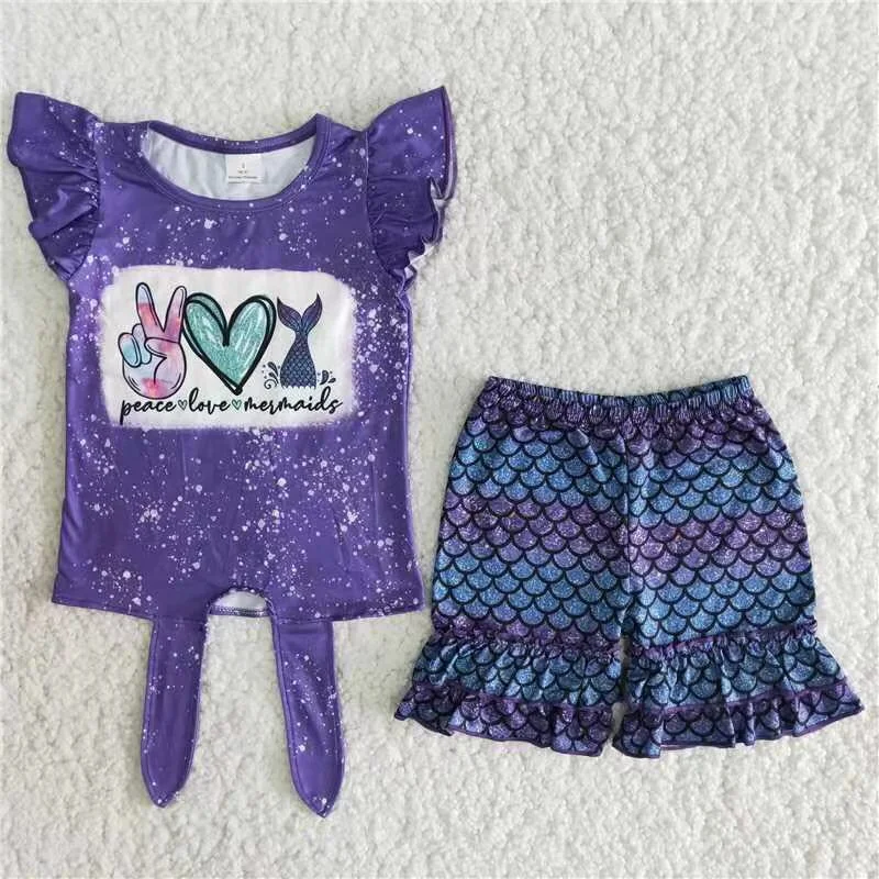 purple mermaid Girls tops shorts Sets B6-11