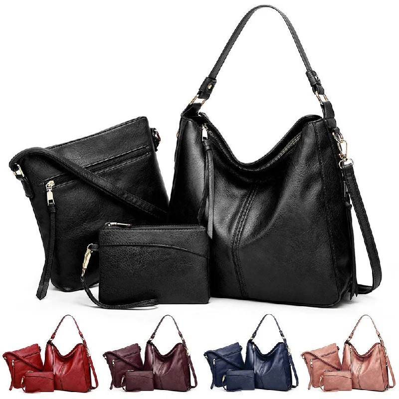 3 Pcs Retro Leather Tote Shoulder Handbags Set, Fashion Top Handle Satchel Purse Crossbody Bag with Matching Wristlet Wallet for Women