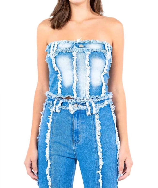 Frayed Edge Denim Corset Top In Light Blue