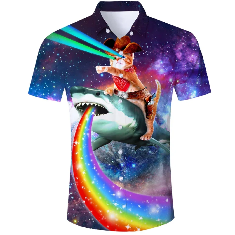 Cowboy Cat Riding Rainbow Shark Funny Hawaiian Shirt